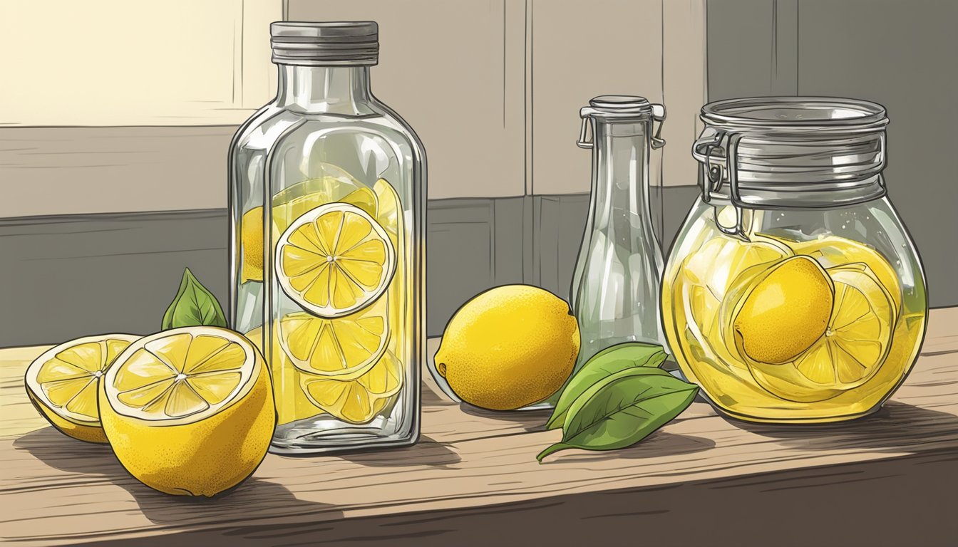 Fresh lemons being peeled, their zest steeping in clear alcohol, then mixed with simple syrup in glass bottles, ready for chilling