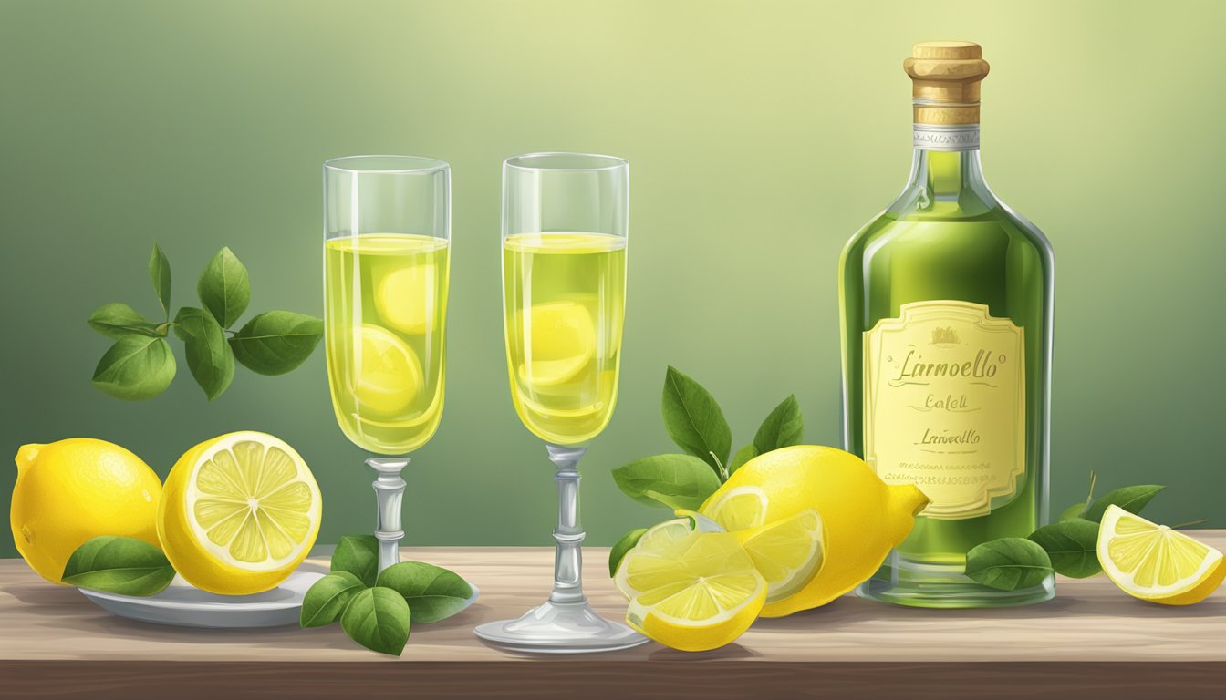 A table with multiple glasses of limoncello, some empty and others partially filled, surrounded by lemon wedges and a bottle of limoncello