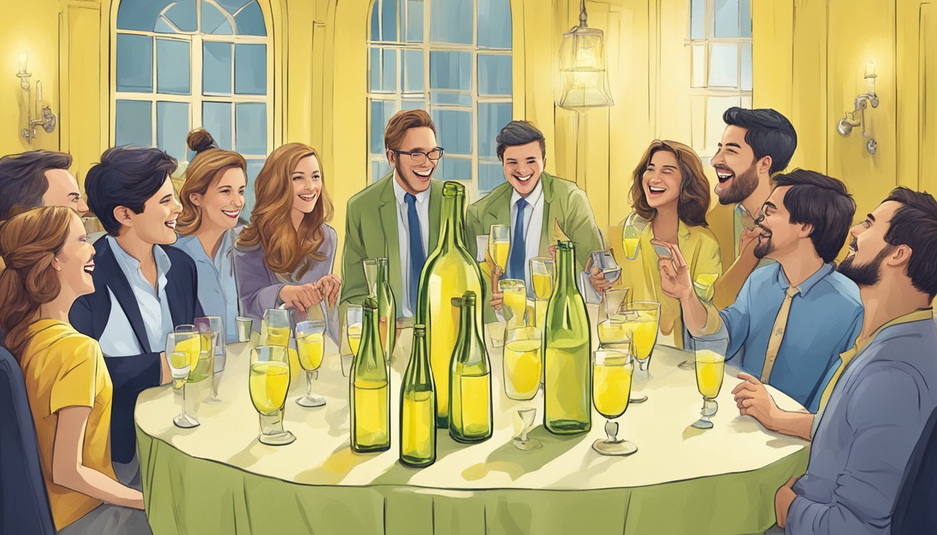 A table with multiple empty limoncello glasses and a bottle, surrounded by tipsy and laughing party guests