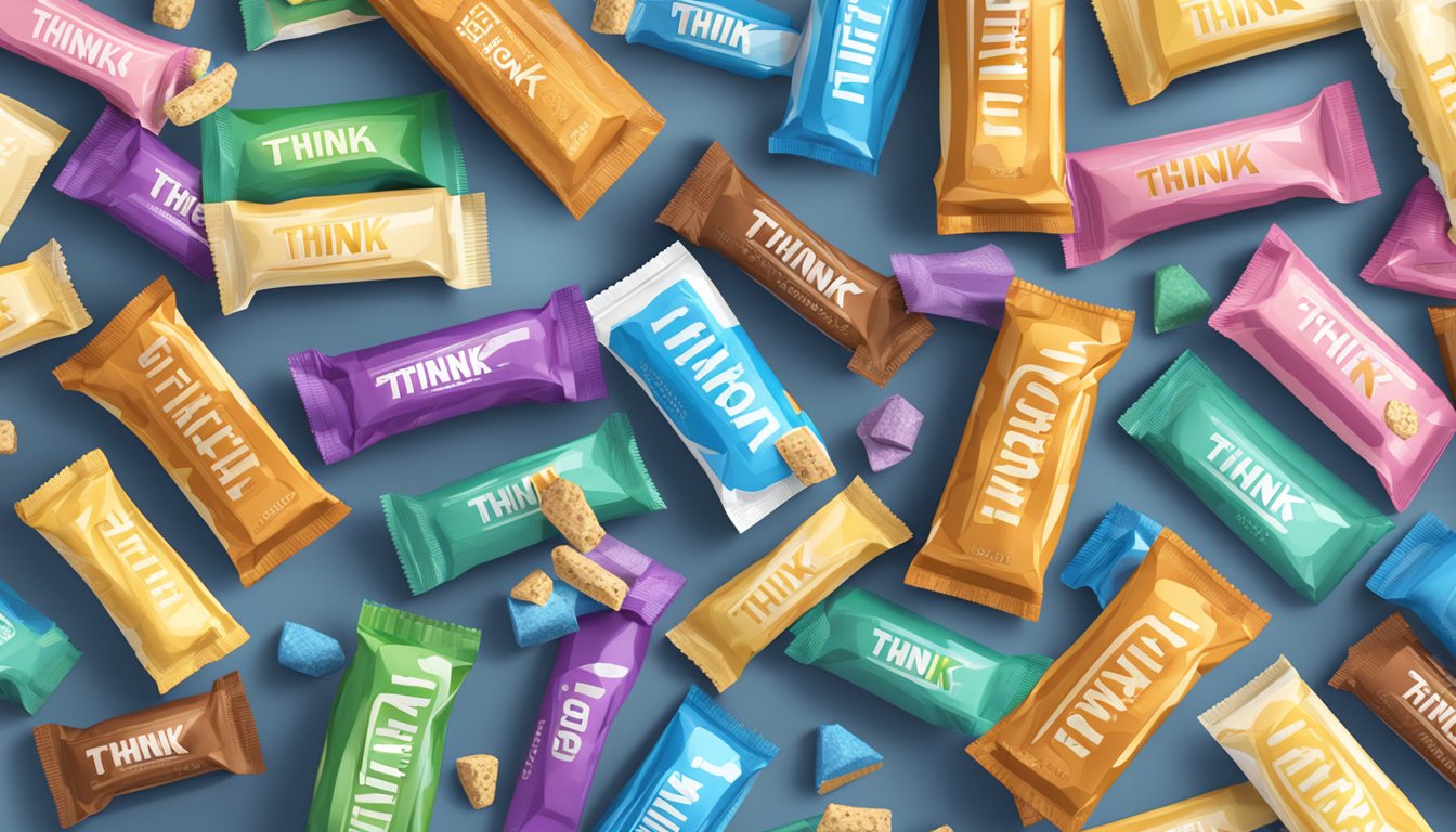 A table with an overflowing pile of Think protein bars, surrounded by scattered empty wrappers