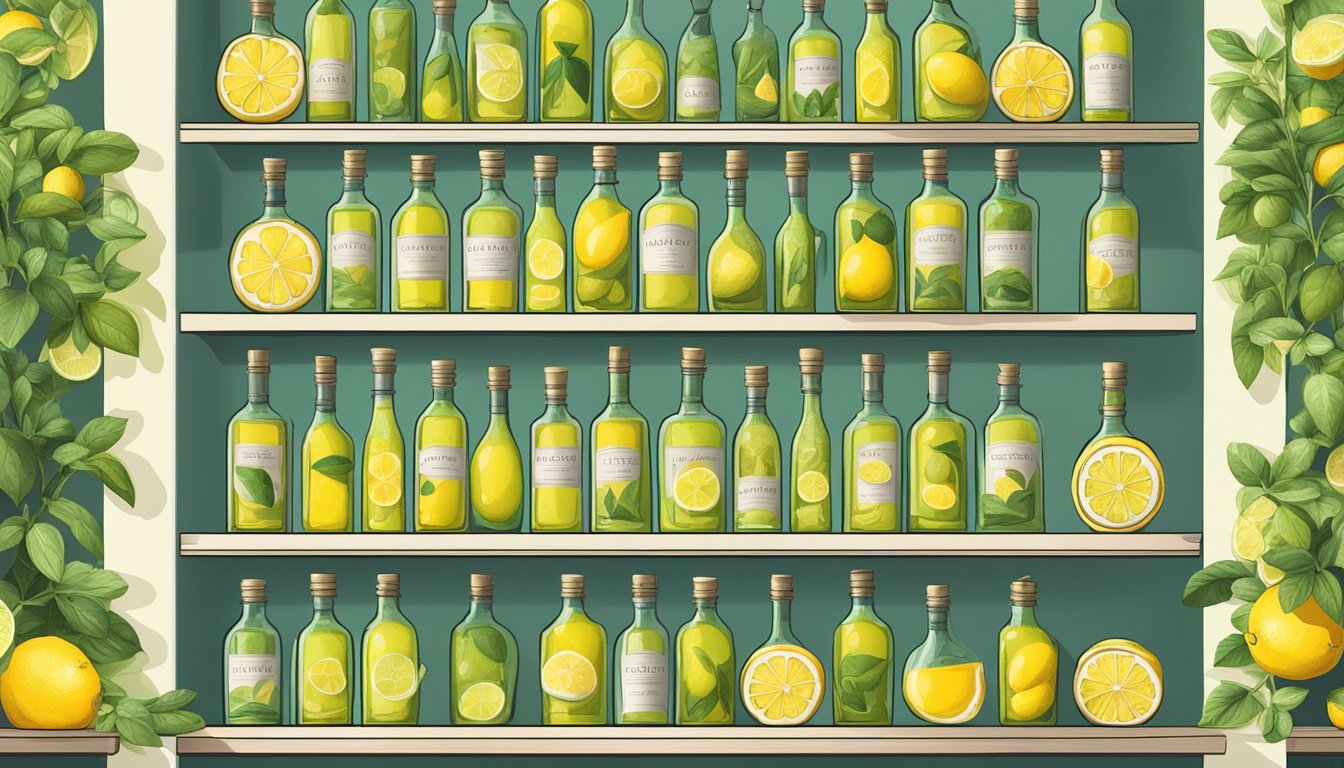 A shelf filled with rows of limoncello bottles, some open and half-empty, surrounded by citrus fruits and herbs