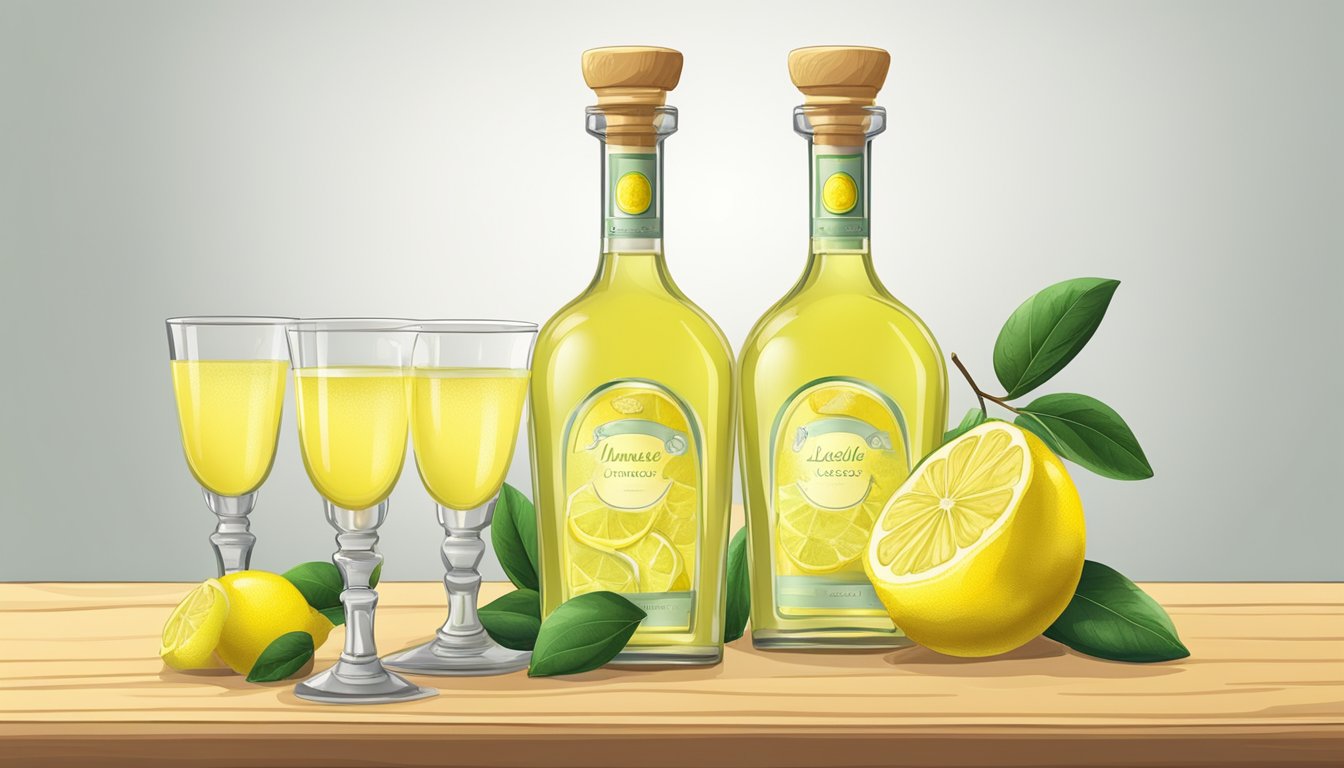 A table with two bottles of limoncello, one homemade and one commercial, surrounded by empty glasses and lemon slices