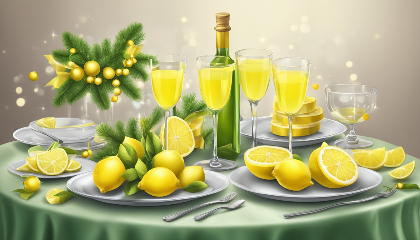 A festive table with multiple glasses of limoncello, surrounded by colorful wrapped gifts and seasonal decorations