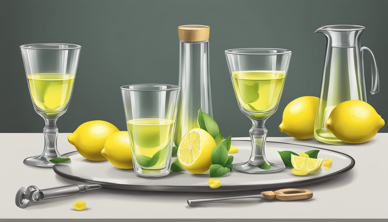 A table with multiple glasses of limoncello, some empty and some filled, alongside a measuring tool to indicate portion sizes