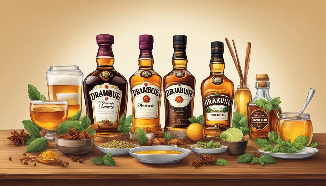 A table set with multiple glasses of Drambuie, surrounded by various ingredients like honey, herbs, and spices