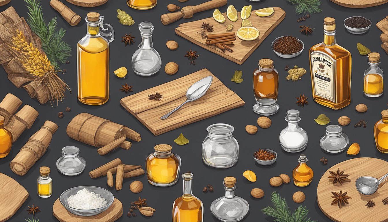 A table with various ingredients and utensils for making homemade Drambuie, including bottles of whisky, honey, and spices