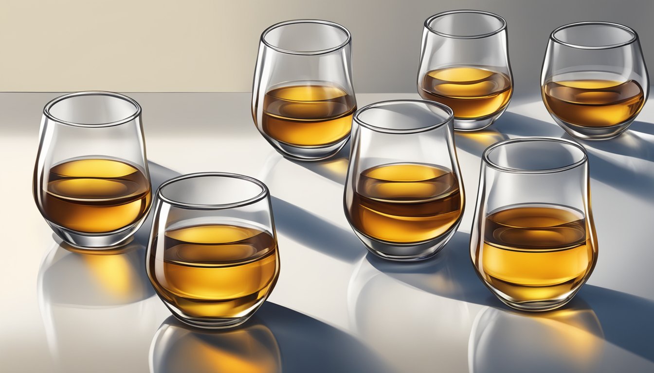 A table with multiple empty amaretto glasses, one tipped over