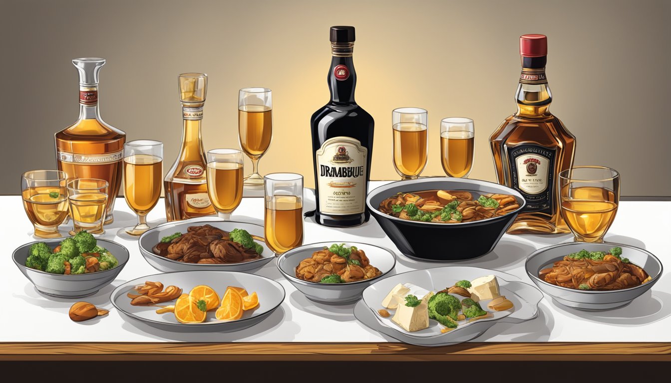 A table set with various culinary dishes infused with Drambuie, surrounded by empty glasses, with a bottle of the liqueur tipped over, spilling onto the table