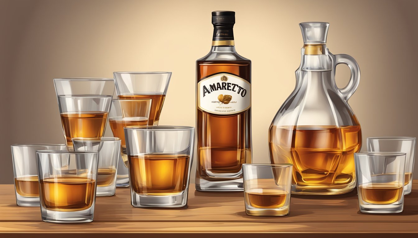 A table with multiple glasses of amaretto, some empty and some full, alongside a bottle of the liquor