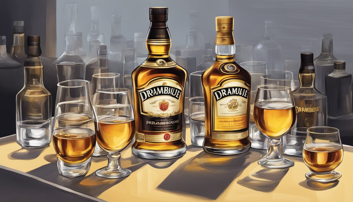 A table with multiple glasses of Drambuie, some half-empty, surrounded by empty bottles