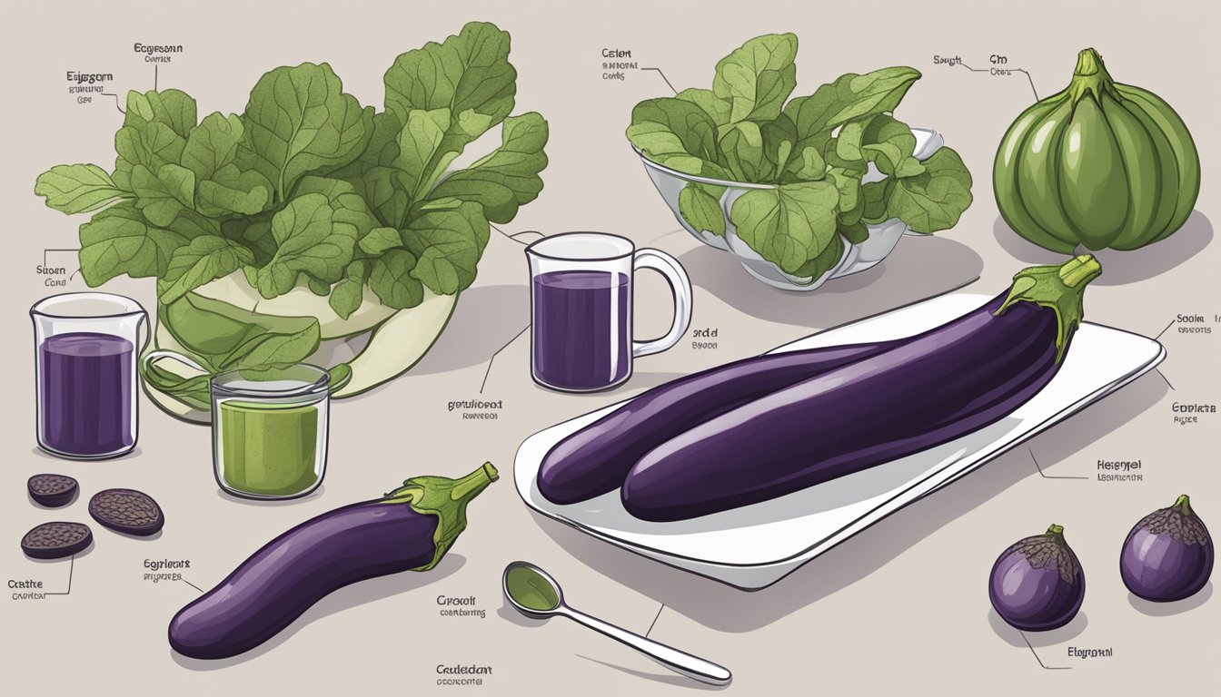 A table set with various portions of eggplant, measuring cups, and a chart showing antioxidant levels