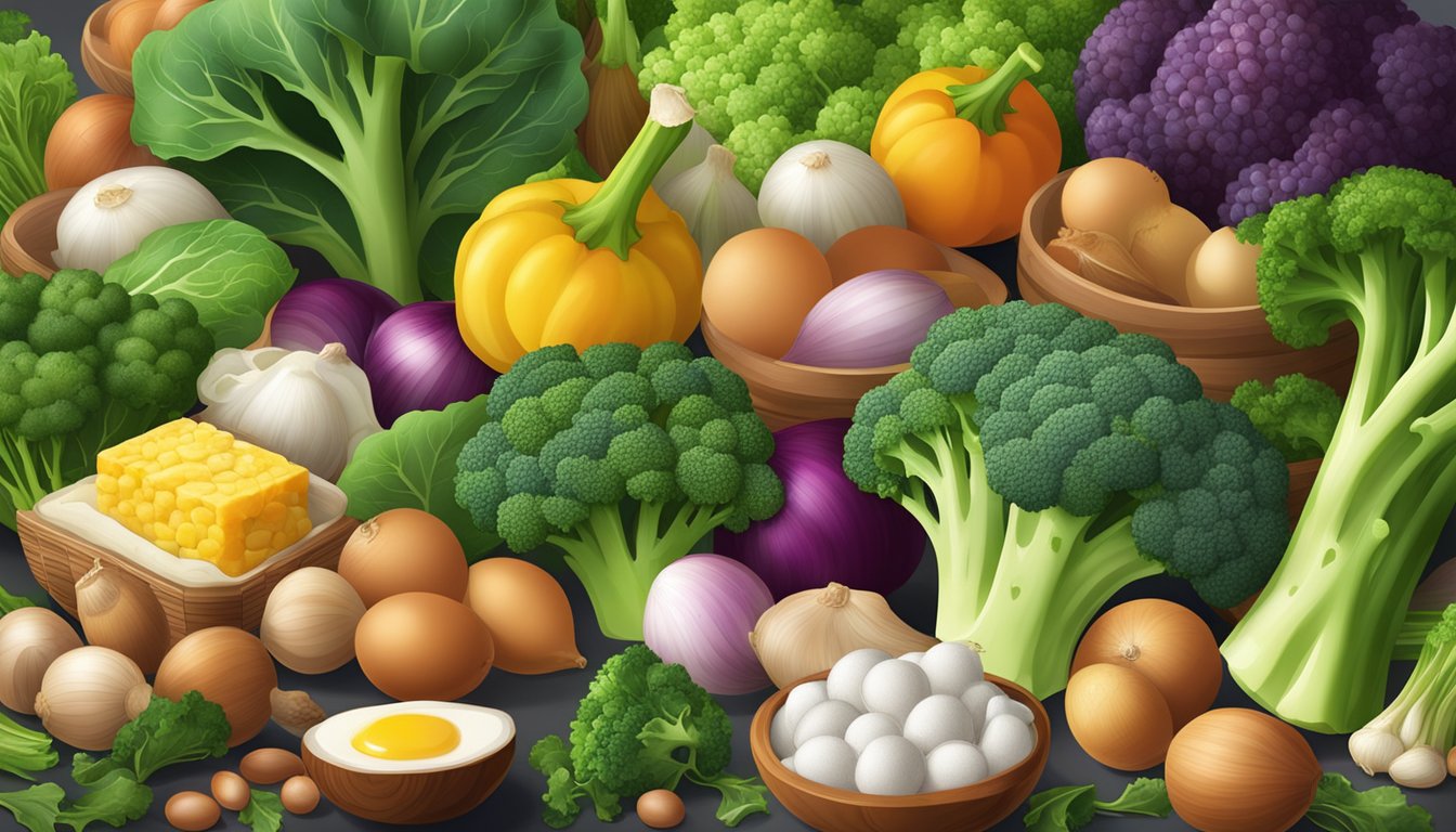 A table filled with a variety of sulfur-rich foods such as broccoli, garlic, onions, and eggs, surrounded by vibrant green leafy vegetables and colorful fruits