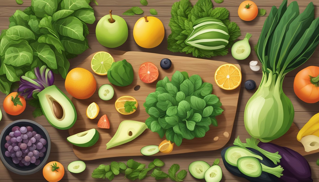 A vibrant assortment of green, leafy vegetables and fruits arranged on a wooden cutting board, surrounded by a variety of plant-based foods