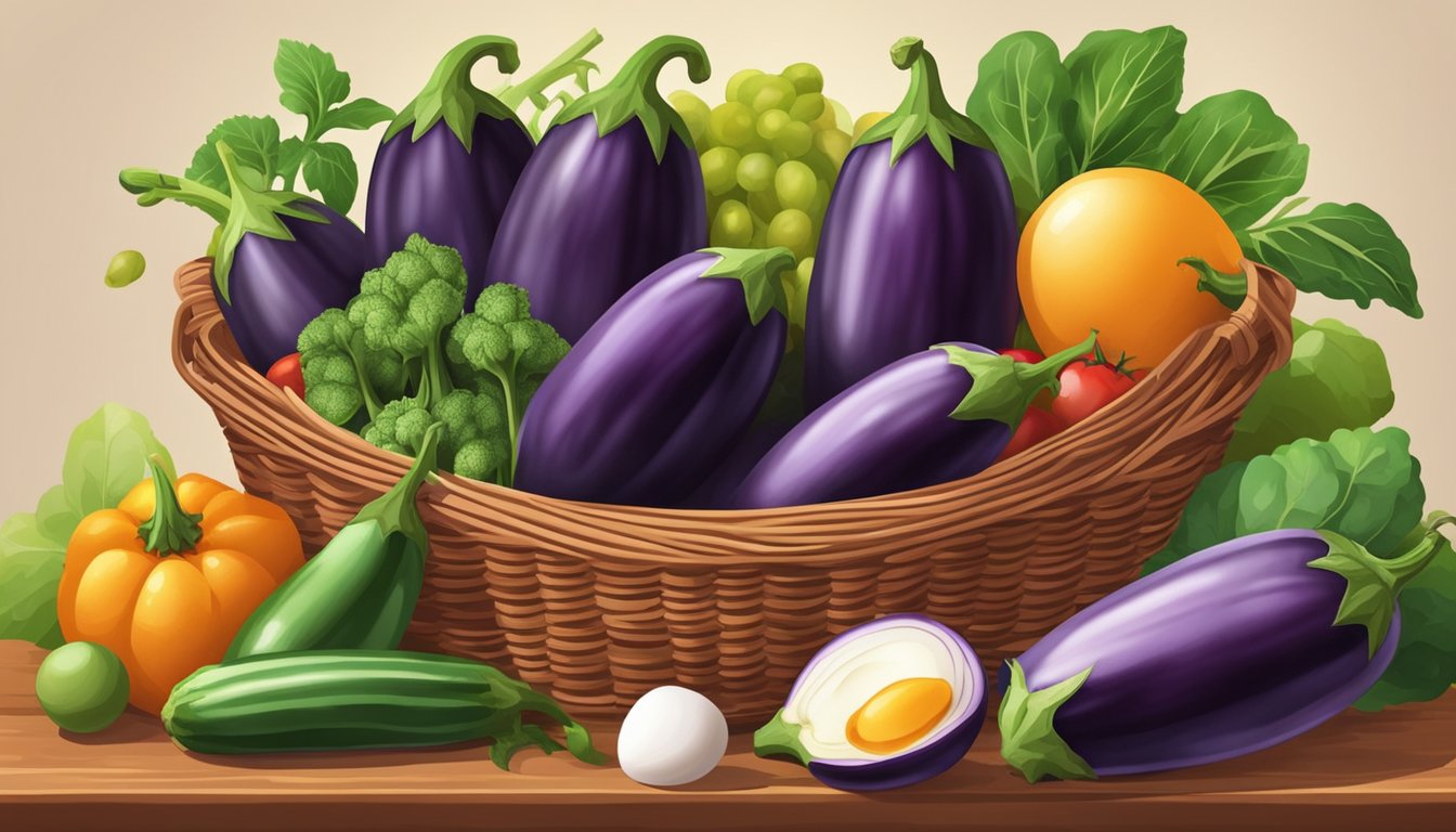 Fresh eggplants arranged in a wicker basket, surrounded by various colorful fruits and vegetables on a kitchen counter