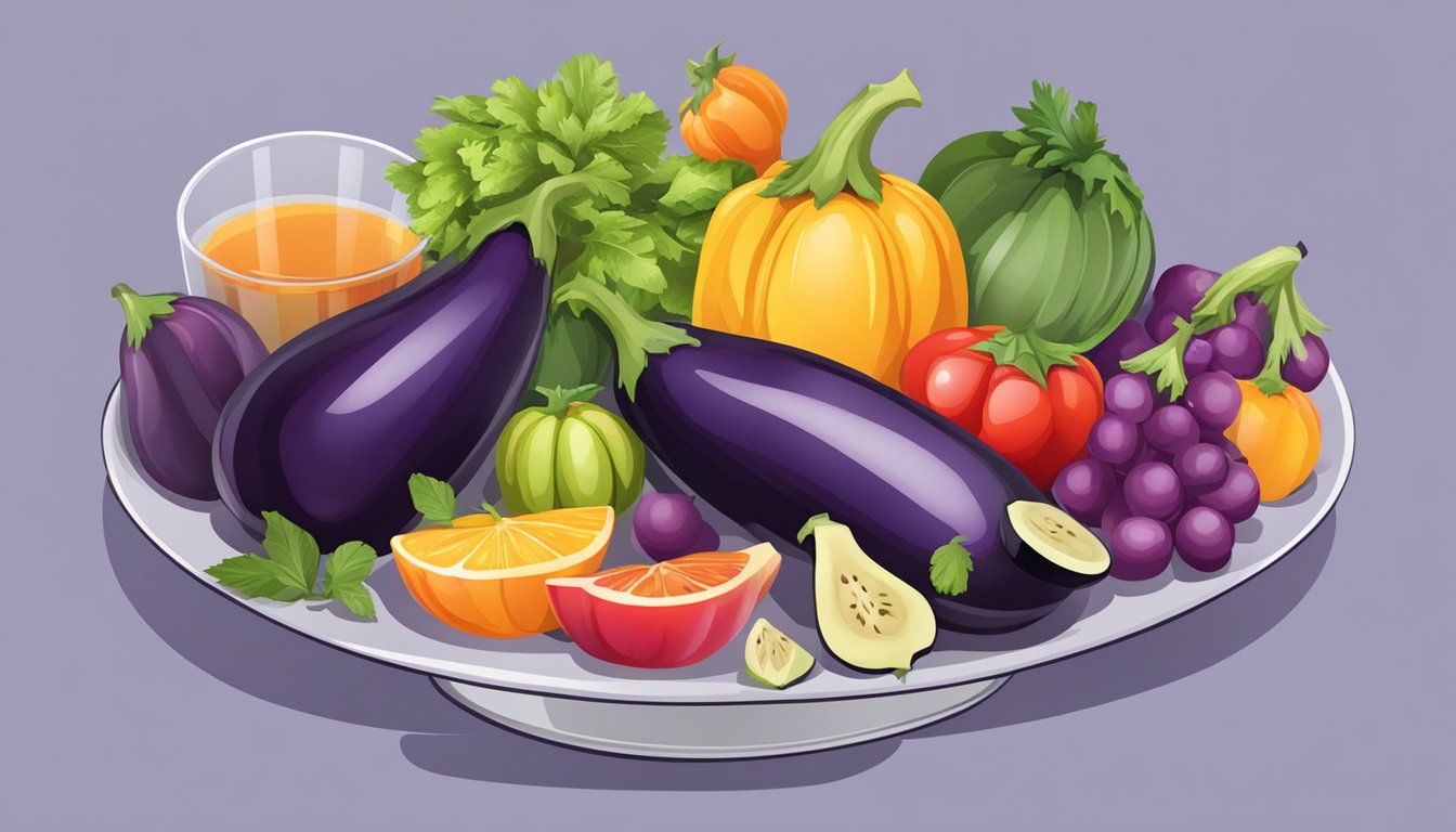 A table with various amounts of eggplant measured in cups, surrounded by colorful fruits and vegetables