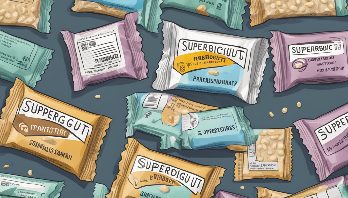 A pile of empty supergut prebiotic bar wrappers surrounded by upset stomachs and a warning label