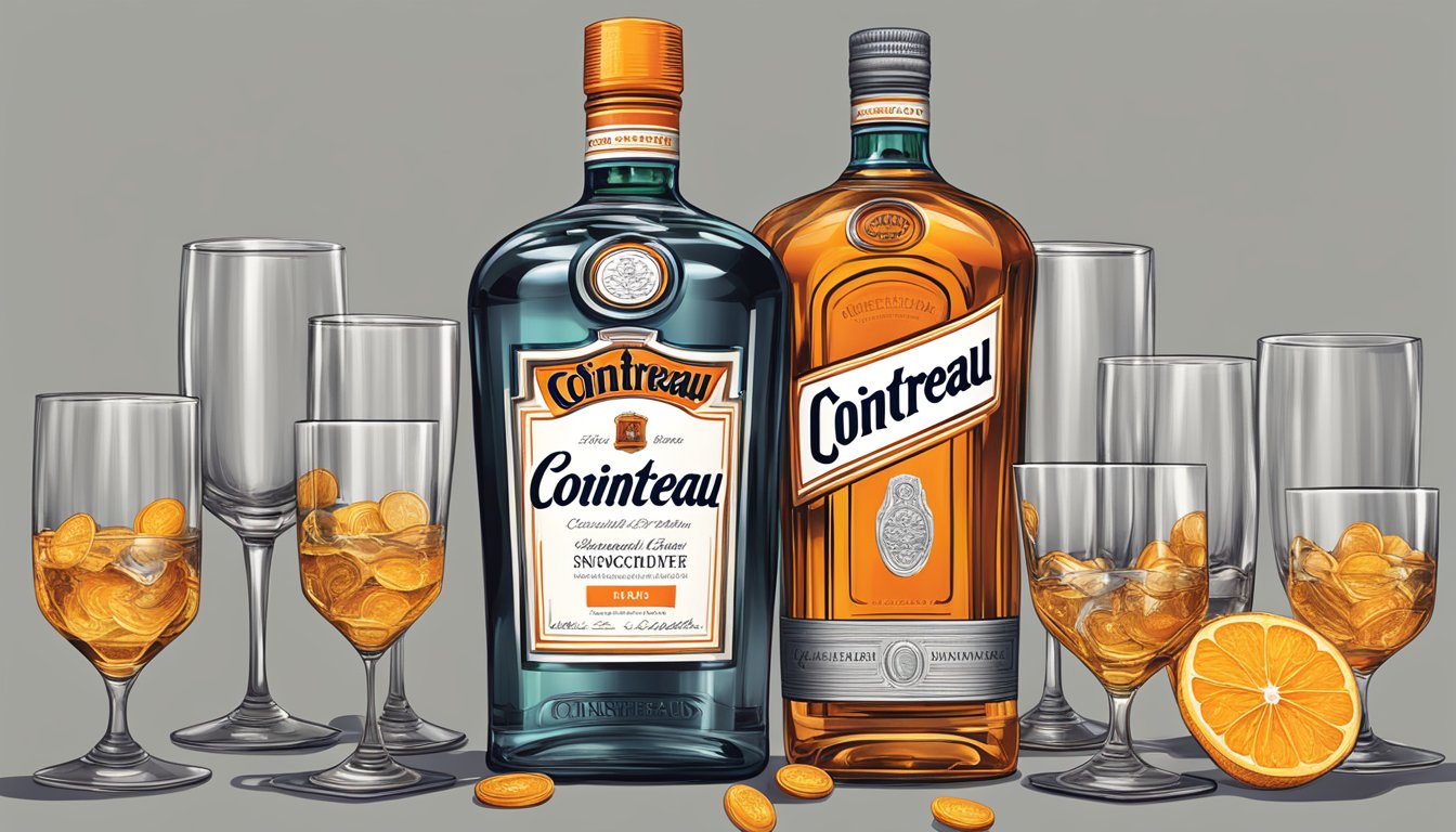 A bottle of Cointreau with multiple empty glasses, some overflowing, indicating excessive consumption