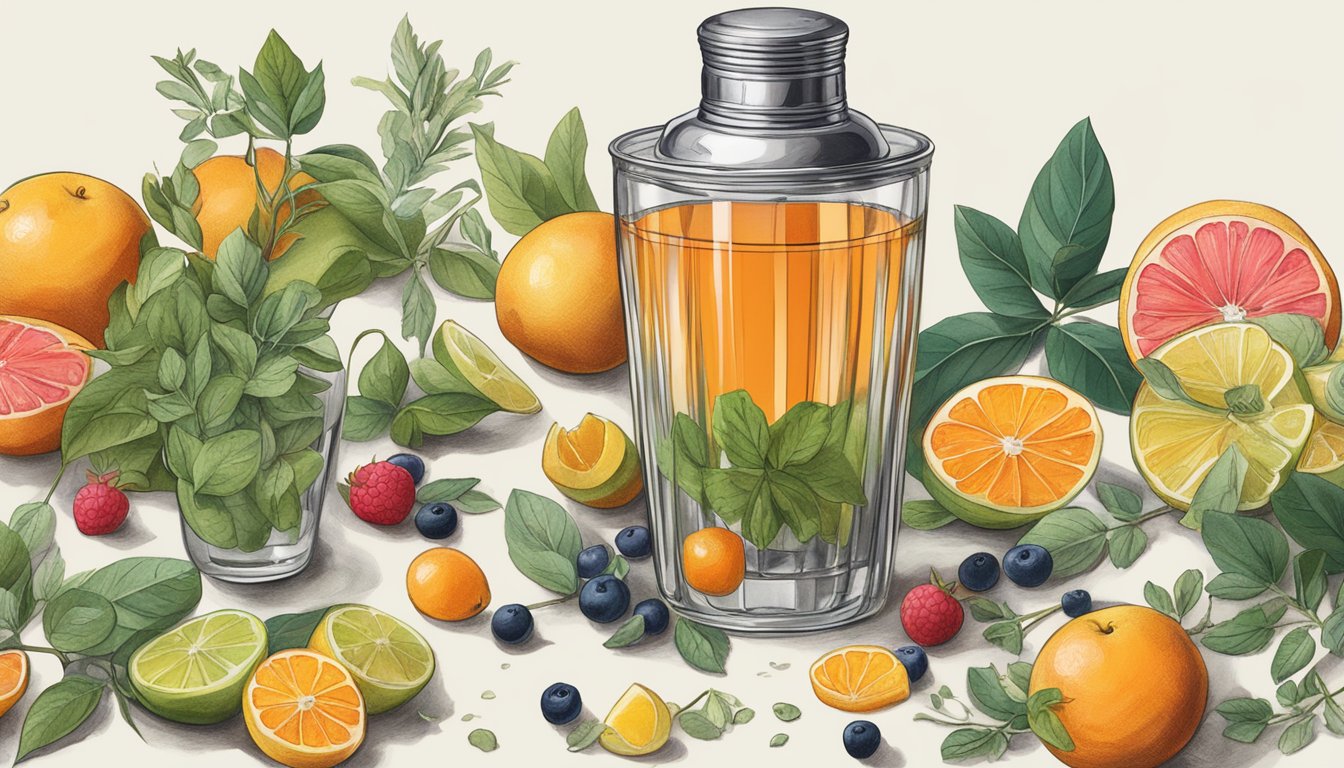 A cocktail shaker filled with Cointreau, surrounded by various fruits and herbs, with a measuring jigger nearby