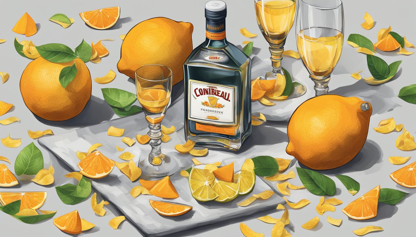 A table with multiple empty Cointreau bottles and glasses, surrounded by discarded citrus peels and a warning label