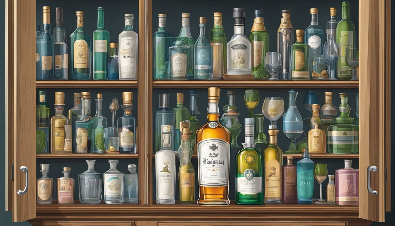 A well-organized liquor cabinet with a neatly arranged bottle of triple sec and various glassware