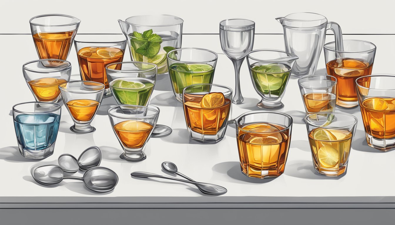 A table with various drink glasses, one filled with Cointreau, surrounded by measuring cups and spoons