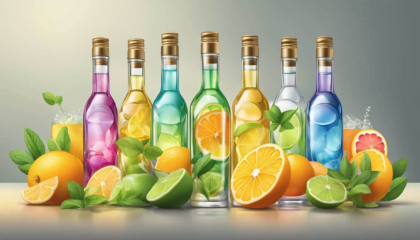 A colorful array of Triple Sec bottles and glasses, with varying levels of liquid, surrounded by citrus fruits and herbs