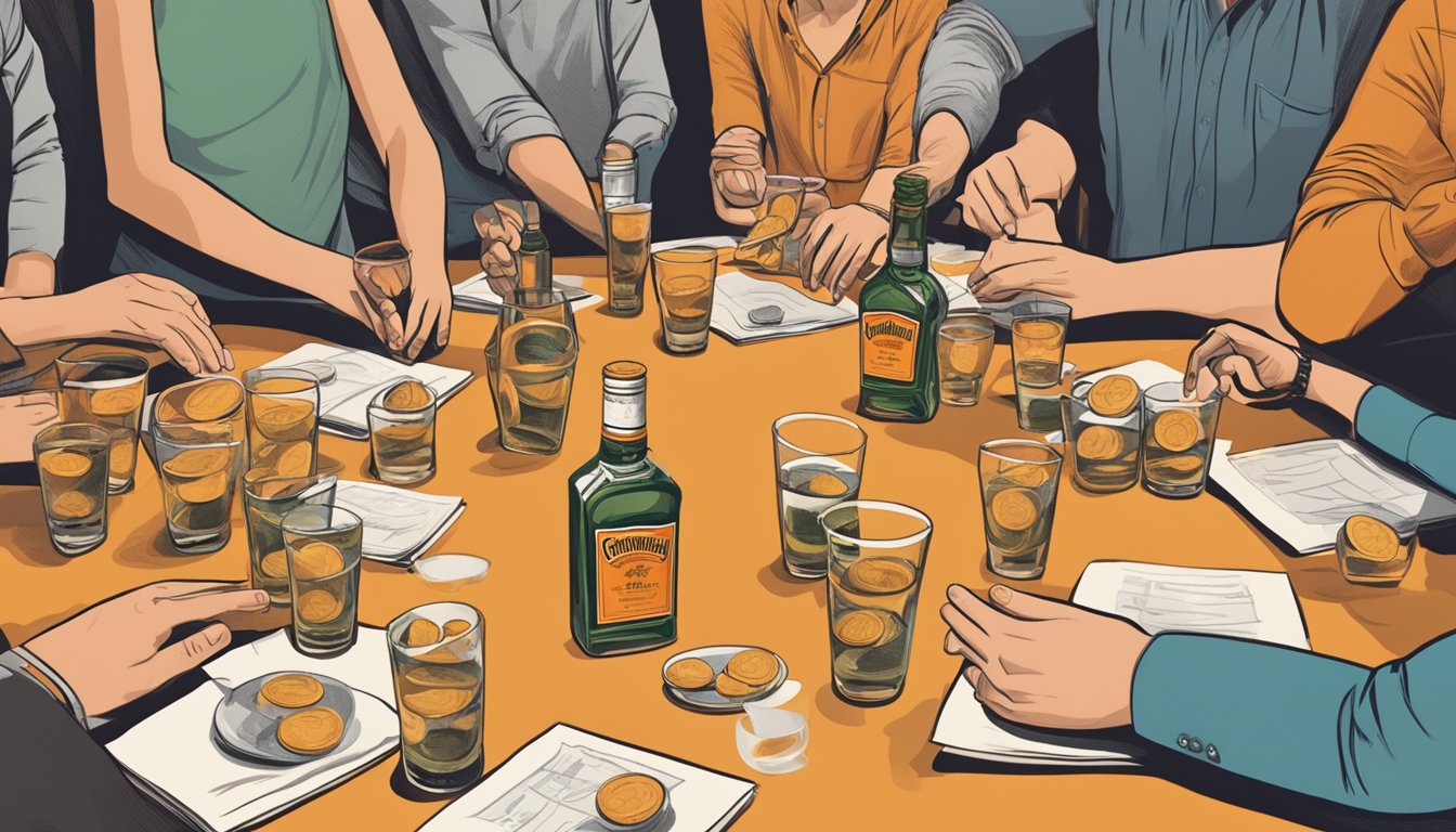 A crowded table with multiple empty glasses of Cointreau, a bottle, and a concerned expression on a person's face