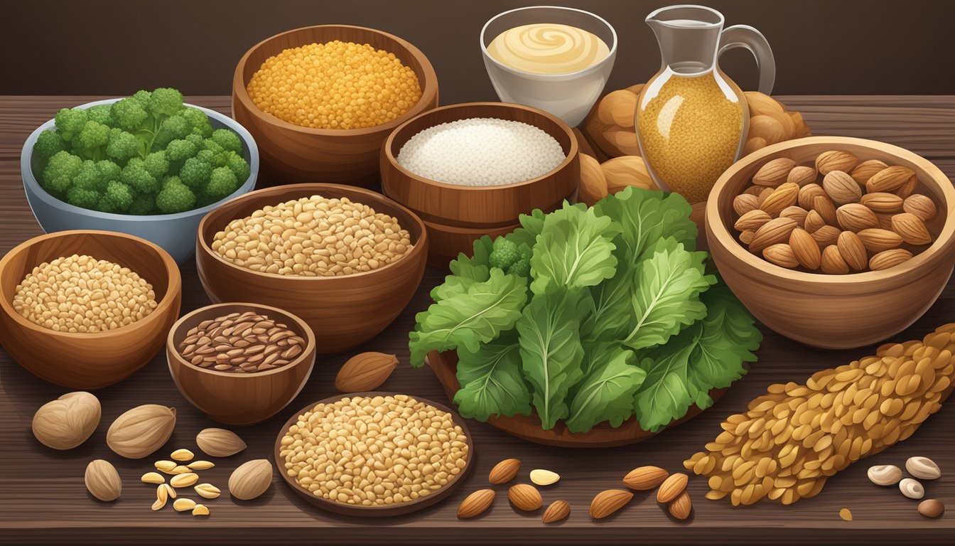 A variety of foods rich in silica, such as whole grains, leafy greens, and nuts, arranged on a wooden table