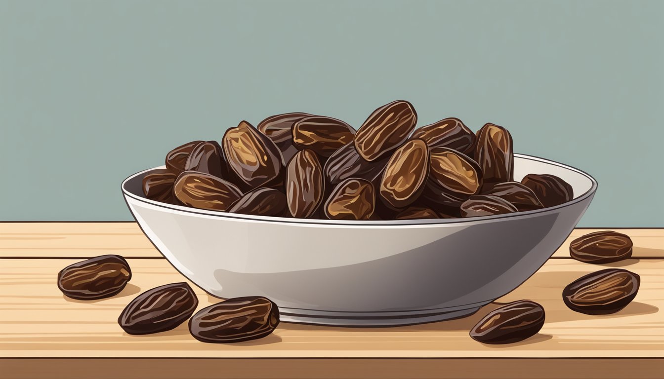 A bowl of dates spilling out onto a wooden table, with a few dates cut open to reveal their natural sweetness