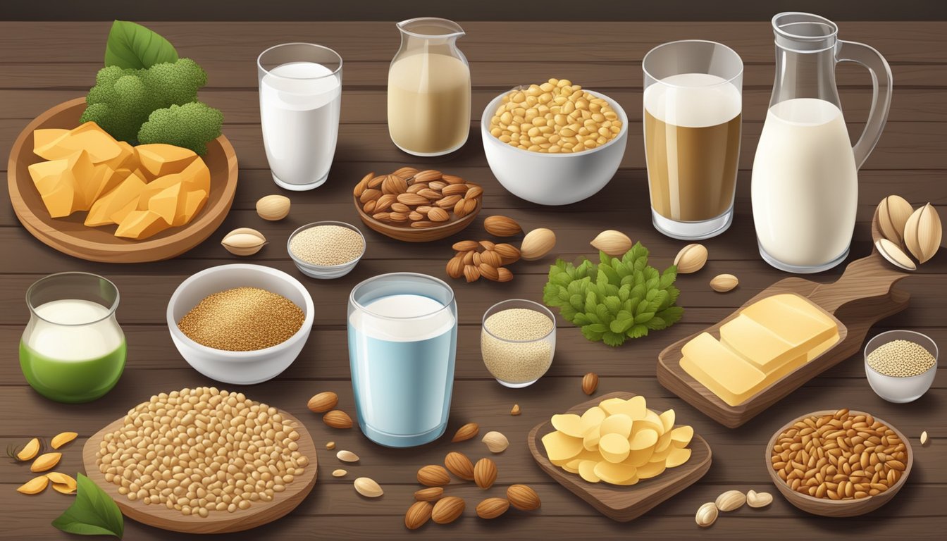 A variety of foods rich in phosphorus, such as dairy products, nuts, seeds, and whole grains, displayed on a wooden table