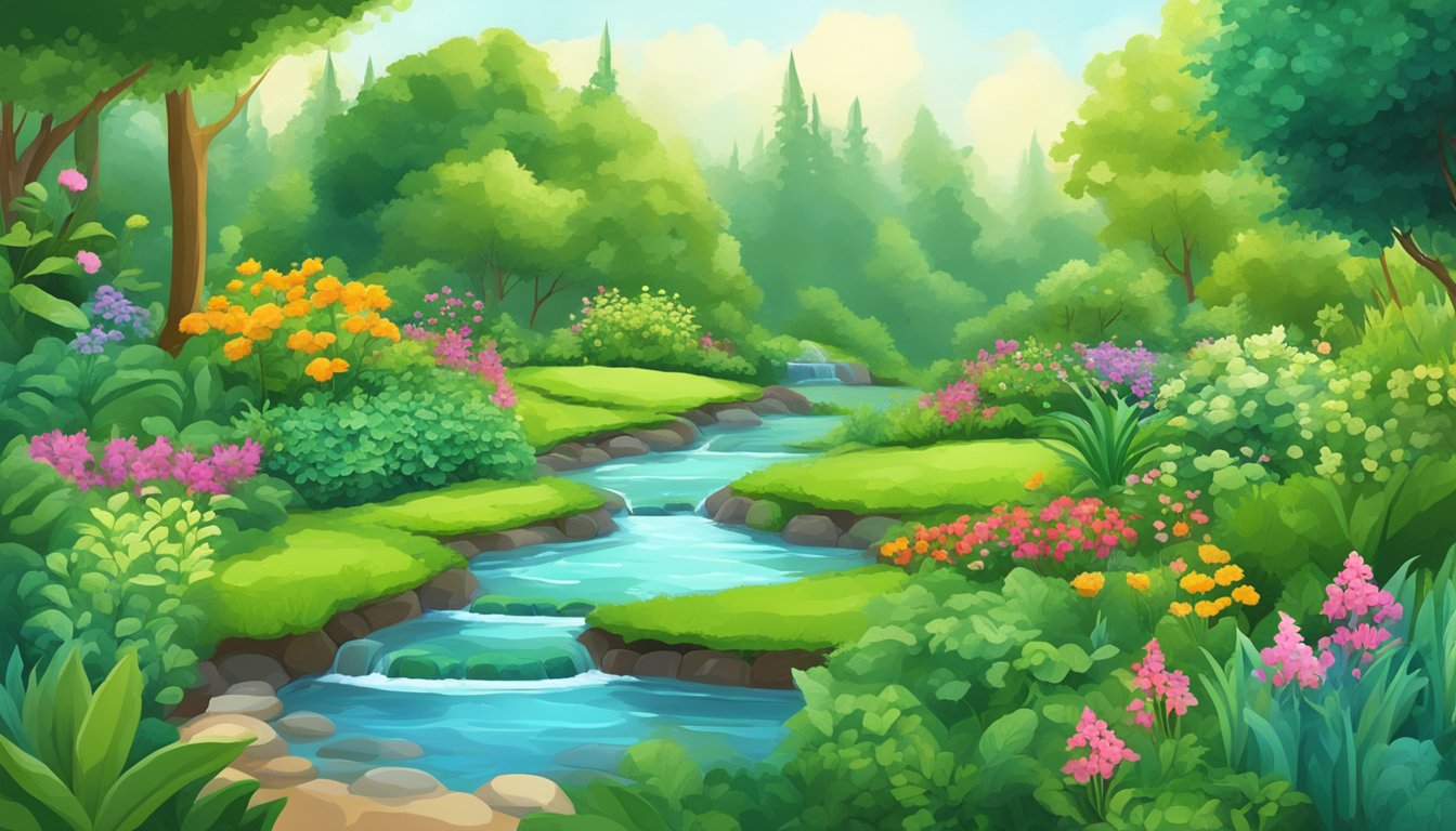 A lush green garden with vibrant, healthy plants growing in rich, fertile soil, surrounded by clear, flowing water