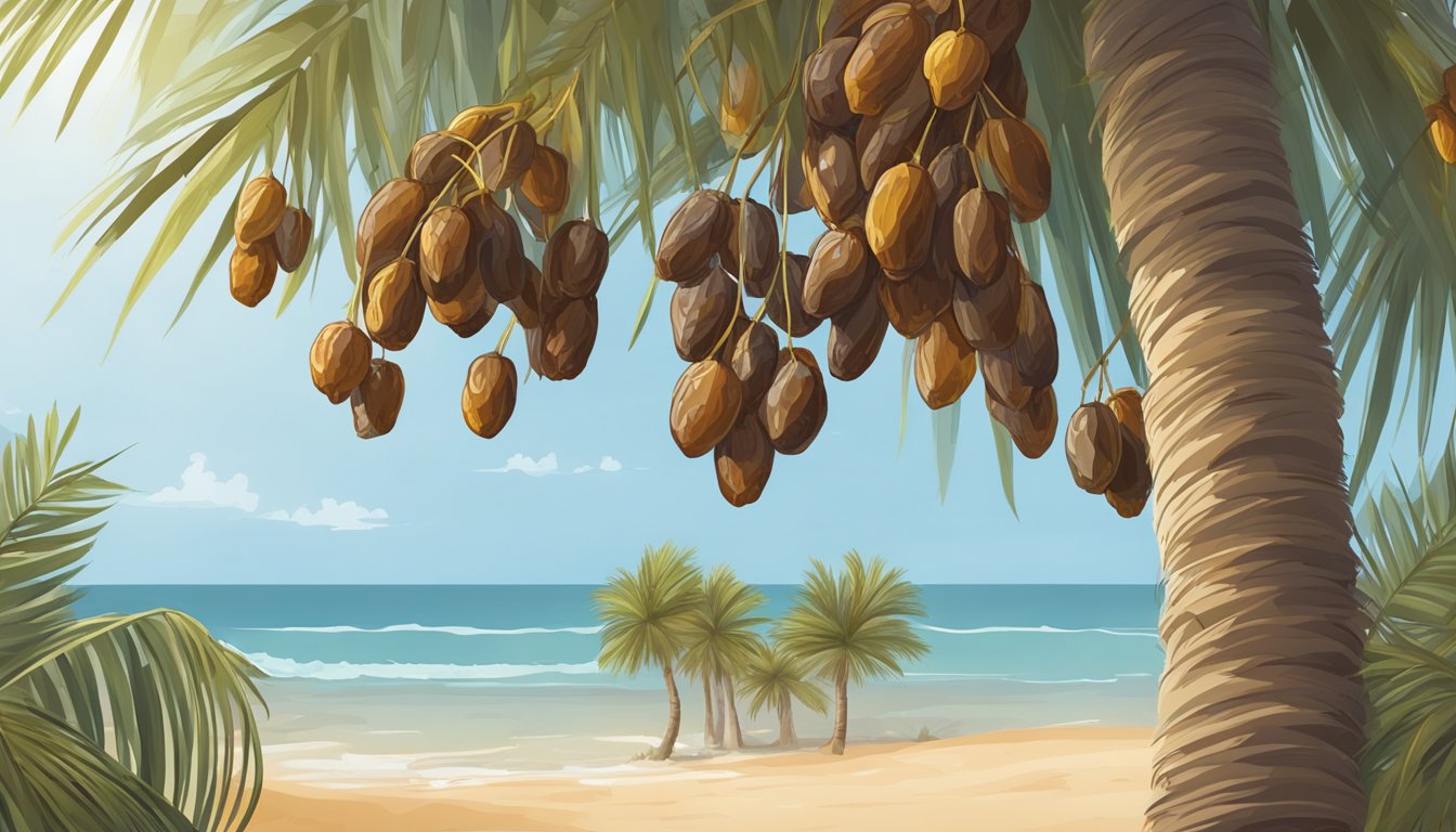 A cluster of ripe dates hanging from a palm tree, with a few fallen on the ground below