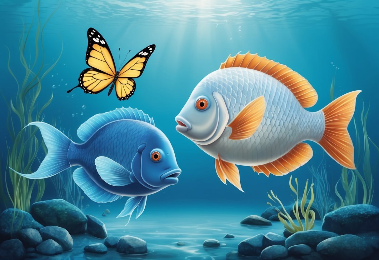 A serene Pisces fish swimming alongside a lively Gemini butterfly in a tranquil, watery environment