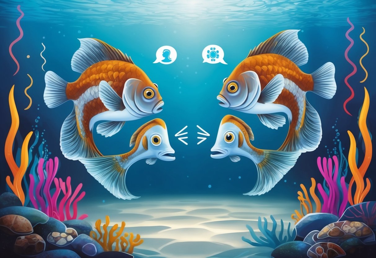 A pair of fish and twins exchange ideas in a tranquil underwater setting, surrounded by vibrant colors and symbols of communication