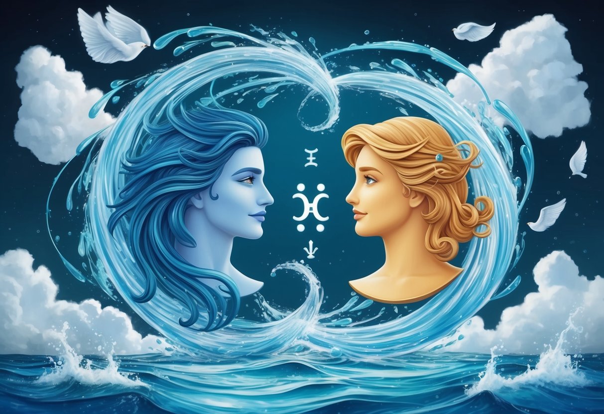 A Pisces and Gemini zodiac symbols surrounded by swirling water and air elements, with a sense of curiosity and connection between them