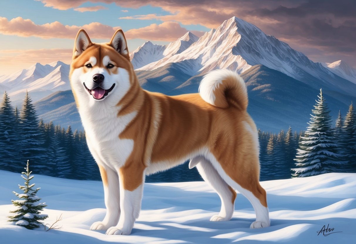 An Akita dog standing proudly in a snowy forest, with a majestic mountain range in the background