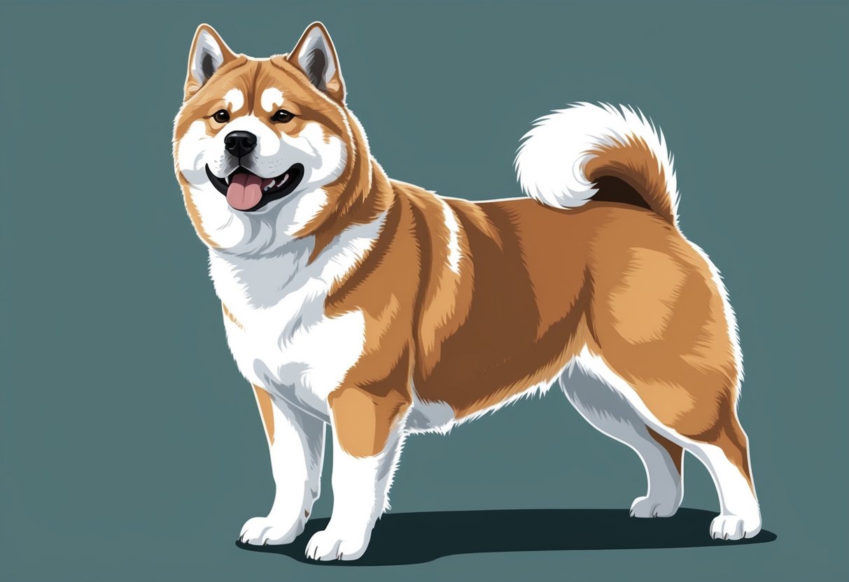 An Akita dog standing proudly, with a thick, plush coat and a curled tail, exuding confidence and strength