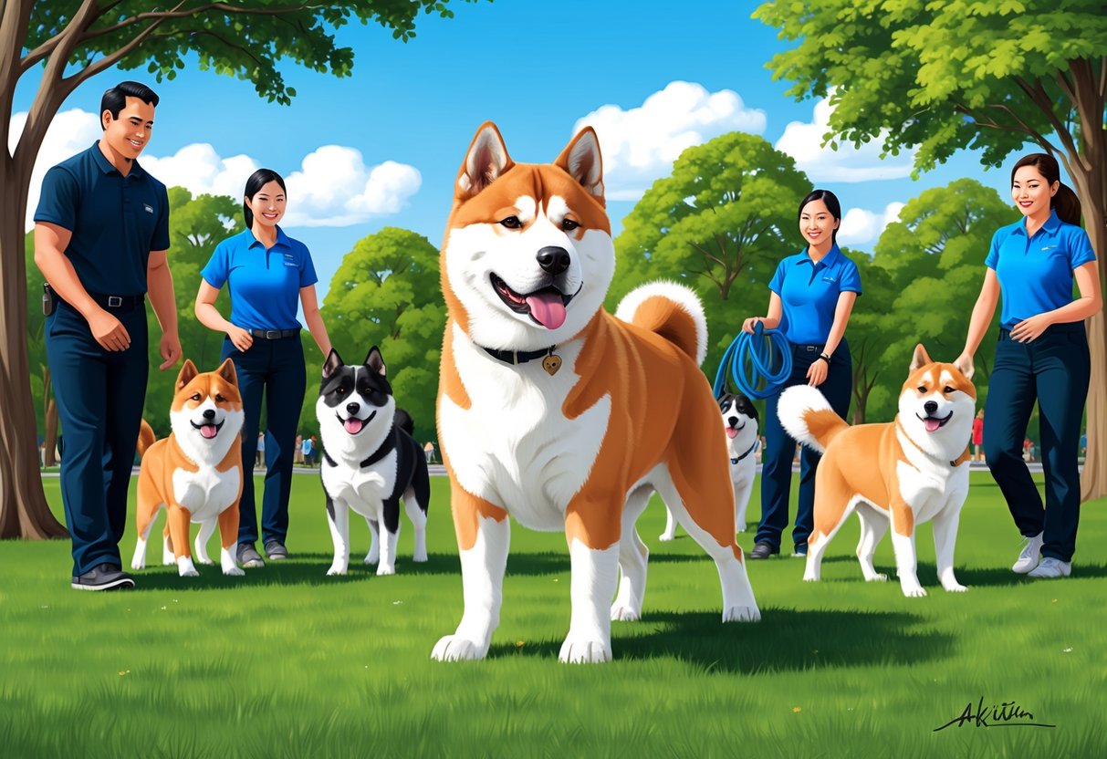 An Akita dog attending a training class, surrounded by other dogs and their owners, in a park with trees and a clear blue sky