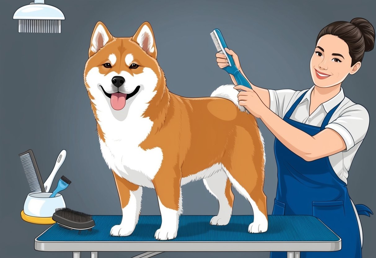 An Akita dog being brushed and groomed on a table by a professional groomer