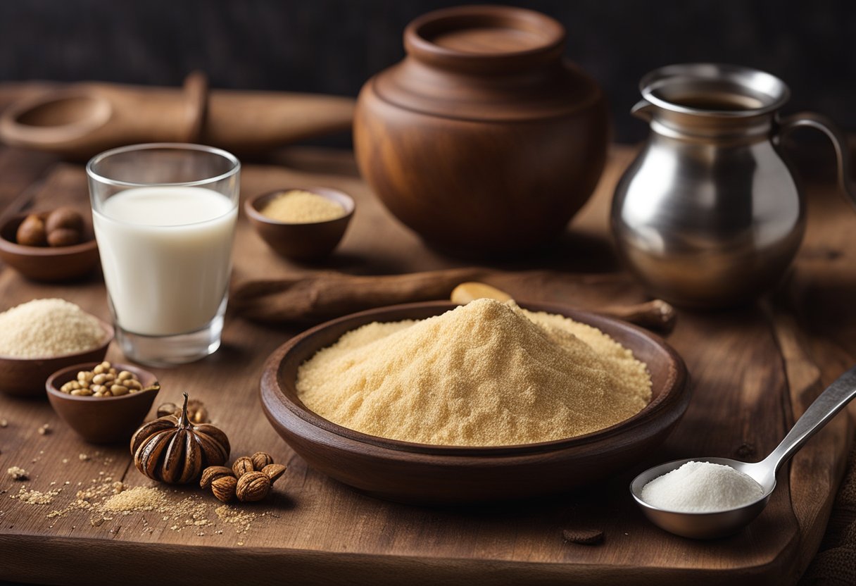 Uma mesa rústica de madeira com um prato de doces de leite em pó e uma cuia tradicional com bomba para beber mate.