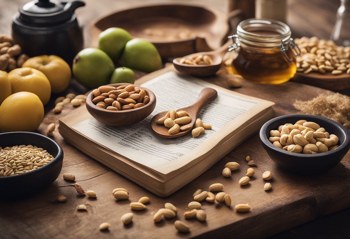 Uma bancada de cozinha rústica com uma tábua de madeira, espalhada com ingredientes regionais como amendoins, açúcar e melaço, ao lado de um livro de receitas aberto em uma página para "Pé de Moleque Gaúcho."