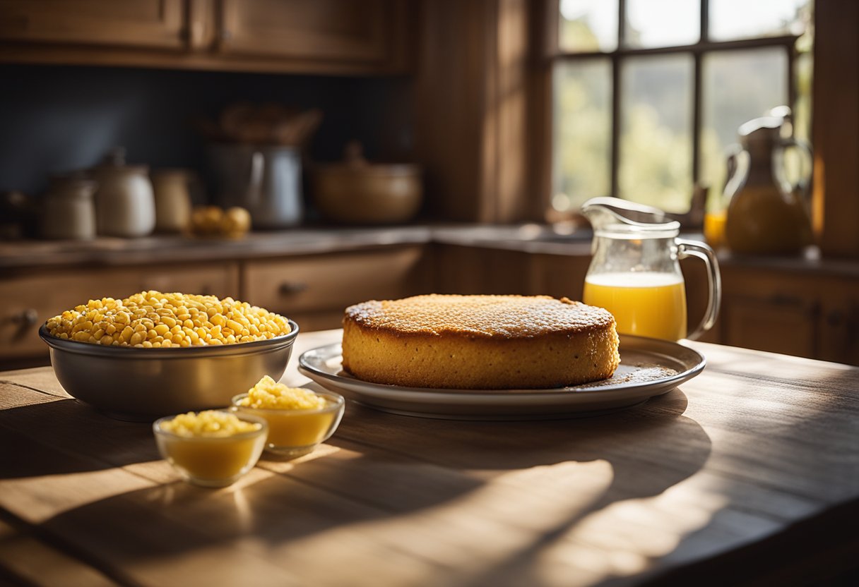 Uma mesa de cozinha rústica com um bolo de milho recém-assado, cercada por ingredientes do sul, como fubá, leite de peito e mel. A luz do sol entra pela janela, lançando um brilho quente na cena.