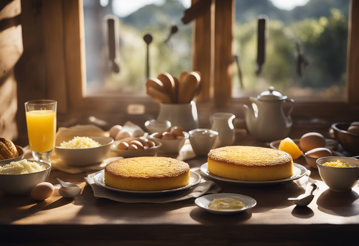 Uma mesa de cozinha rústica com um bolo de fubá recém-assado, cercada por ingredientes como milho, ovos e leite azedo. A luz do sol entra pela janela, lançando um brilho quente na cena.