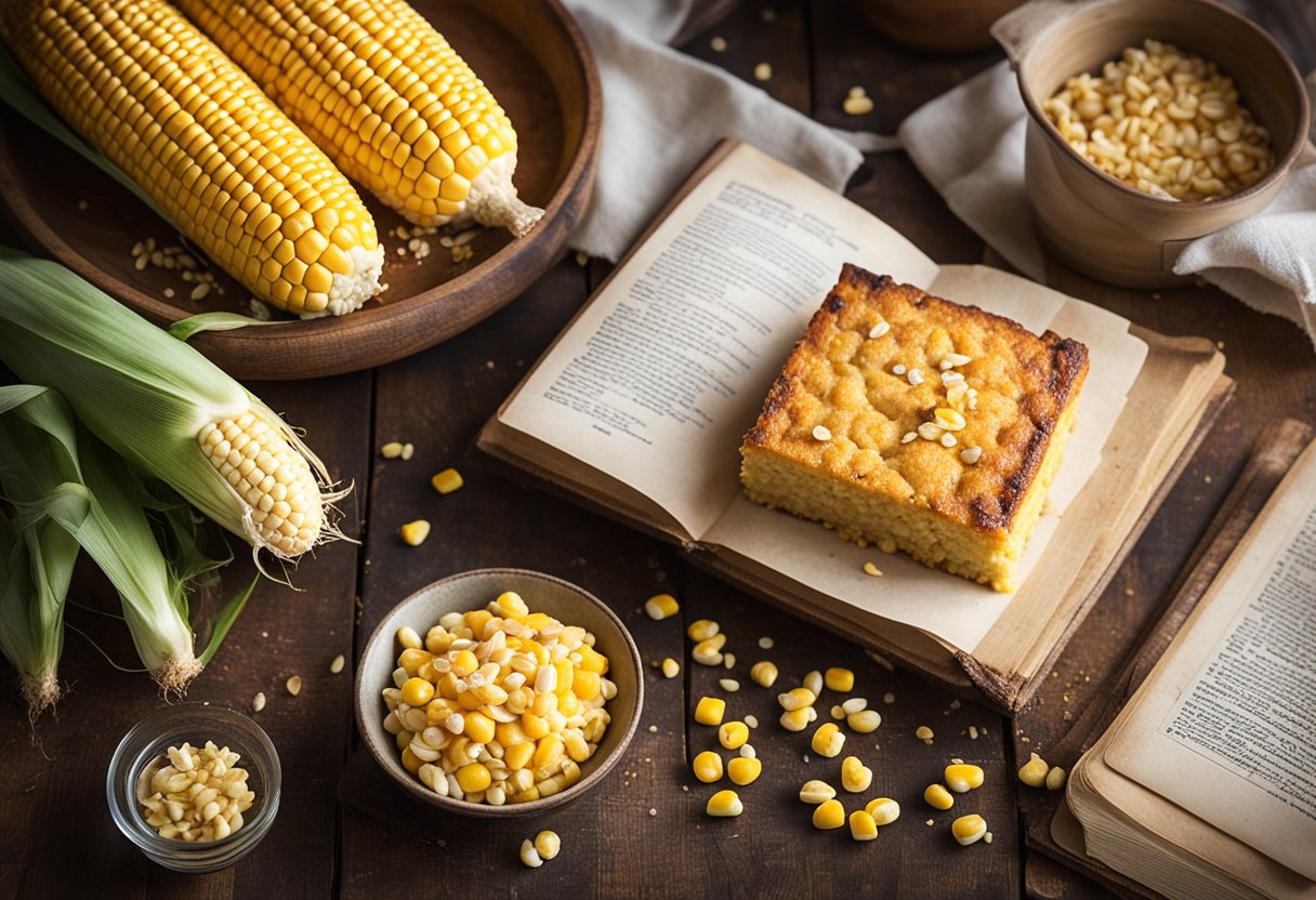 Uma bancada de cozinha rústica exibe um bolo de milho recém-assado com um toque sulista, cercado por grãos de milho espalhados e um livro de receitas vintage.