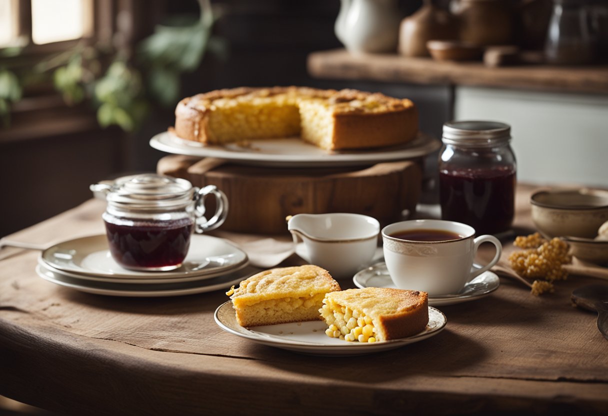 Uma mesa de cozinha rústica com um bolo de milho recém-assado, um pote de geleia caseira e um conjunto de chá vintage, evocando a essência da sobremesa do sul.