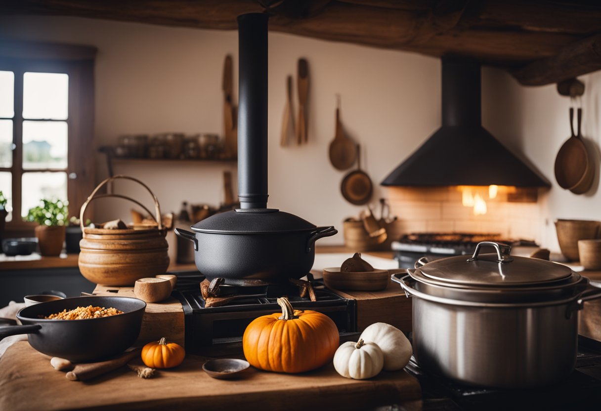 Uma cozinha rústica com uma grande panela borbulhando em um fogão a lenha, cheia de pedaços de abóbora e coco, cercada por utensílios de cozinha tradicionais.