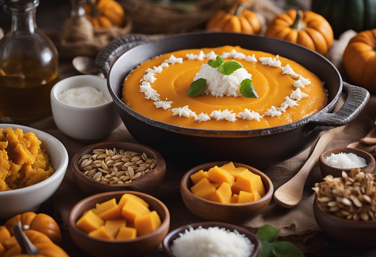 Uma mesa de cozinha rústica suporta uma tigela de doce de abóbora e coco recém-cozido, cercada por ingredientes e utensílios tradicionais gaúchos.