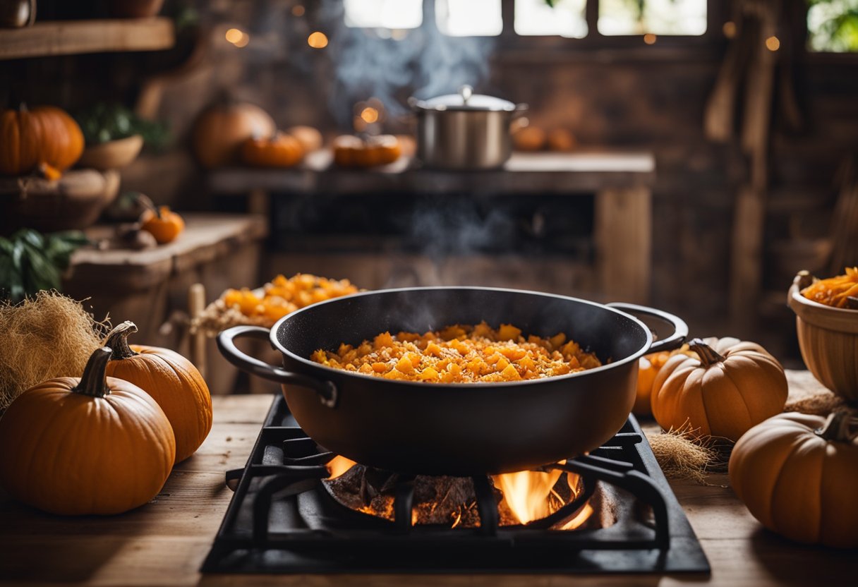 Uma cozinha rústica com uma grande panela fervendo em um fogão a lenha, cheia de pedaços de abóbora e coco ralado para fazer o tradicional doce gaúcho de abóbora e coco.