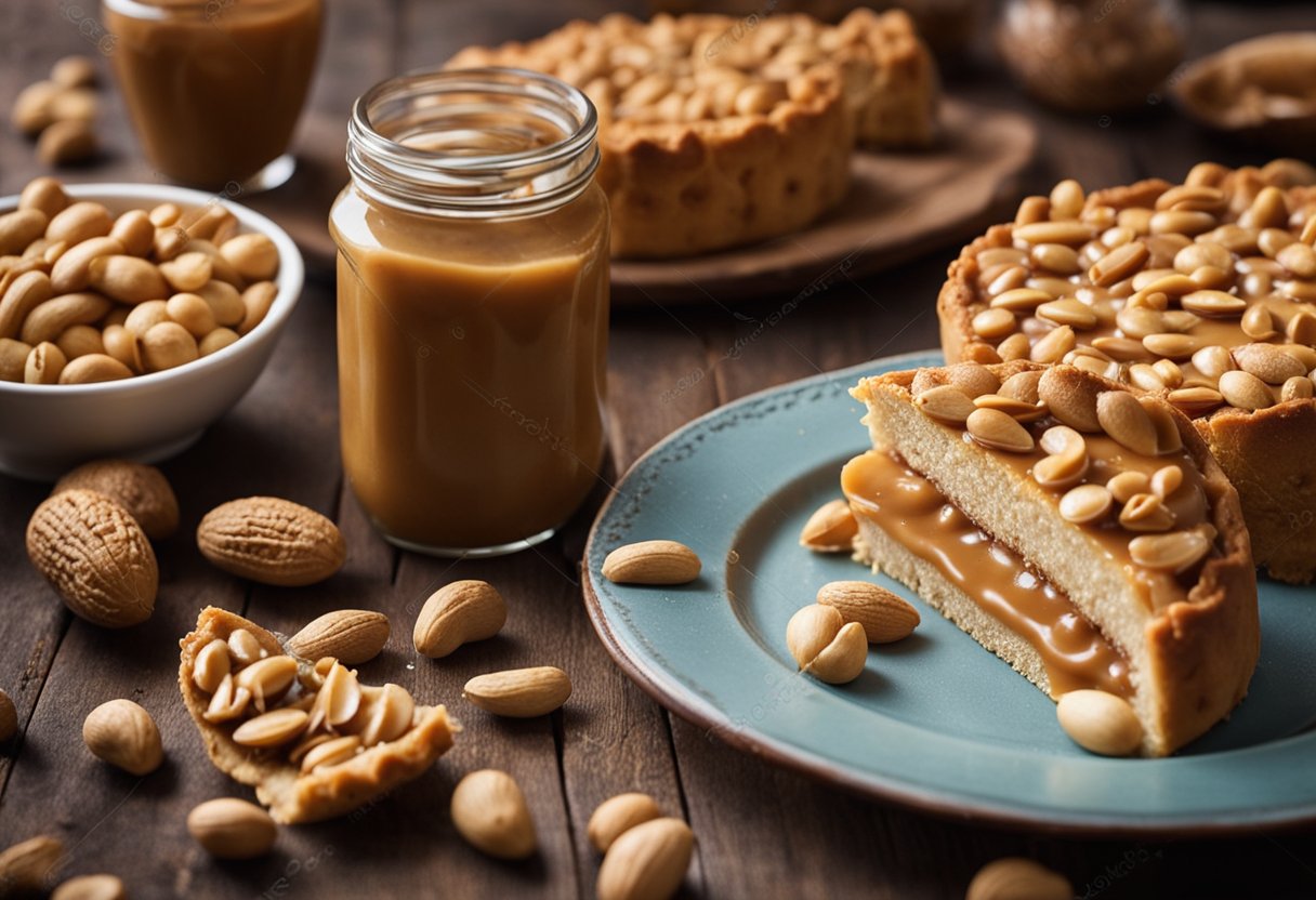 Uma mesa de cozinha rústica com uma torta de amendoim recém-assada, cercada por cascas de amendoim espalhadas e um pote de doce de leite caseiro