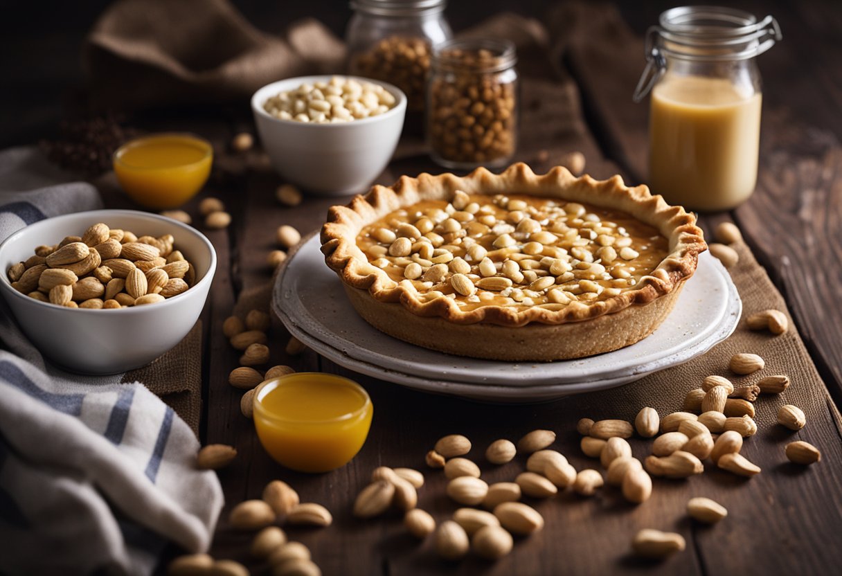 Uma mesa rústica de madeira suporta uma torta de amendoim recém-assada com uma crosta dourada, cercada por amendoins espalhados e um pote de recheio cremoso de amendoim.